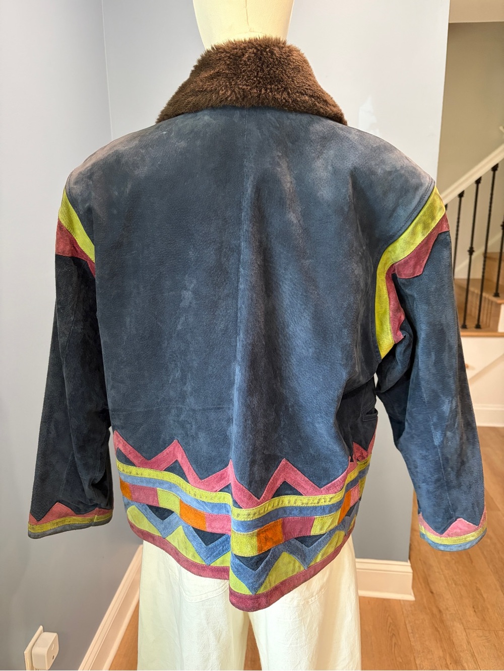 Rare Vintage Sonneur Suede Leather Jacket Faux Fur Collar Southwest Colorblock - Picture 8 of 10